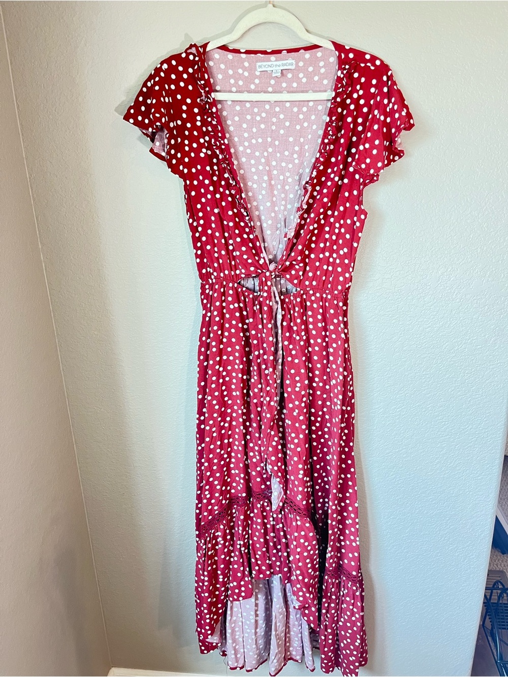 Beyond the Radar Red White Polka Dot Wrap HighLow Dress Ruffle Cottagecore L